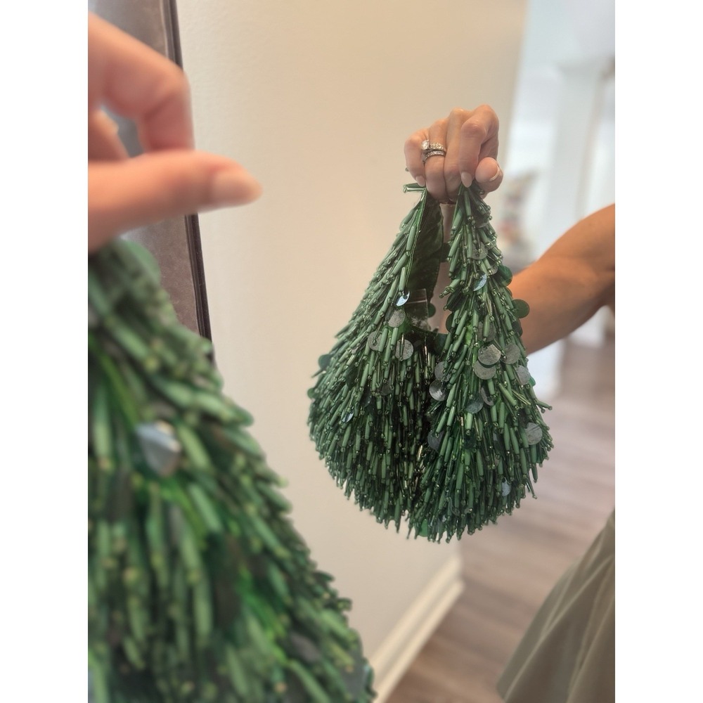 Zara Green Beaded Sequin Satin Statement Glam Hobo Handbag Evening Purse Bag - Picture 7 of 12